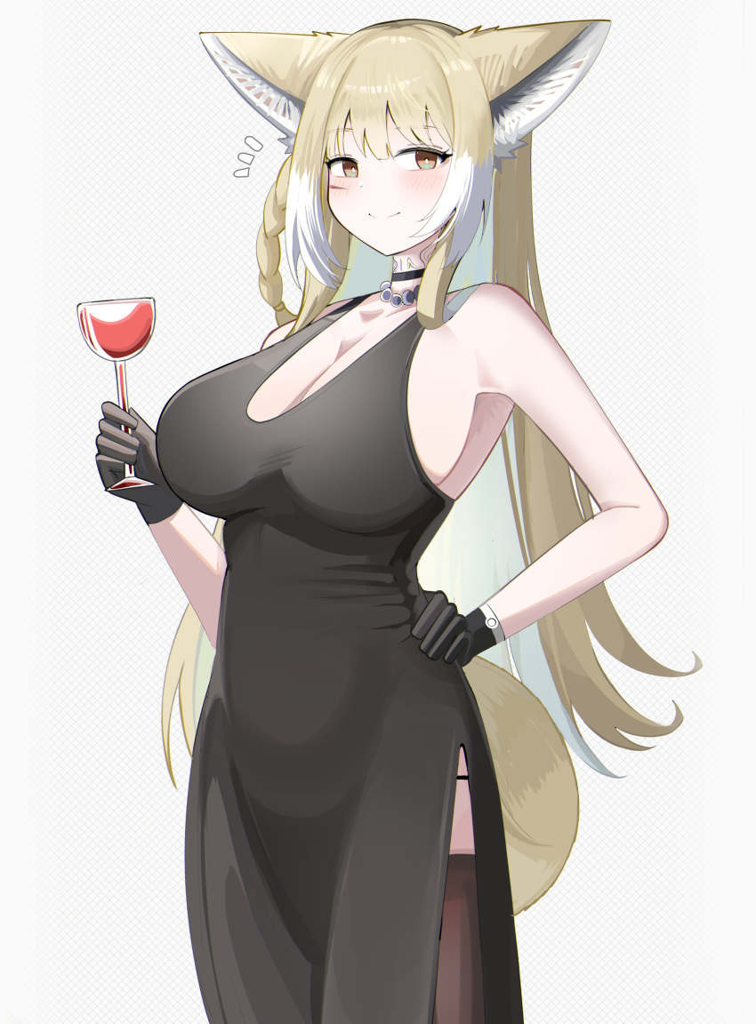 absurdres alcohol animal_ears arknights bare_shoulders bead_necklace beads black_choker black_dress black_gloves blonde_hair blush breasts bright_pupils brown_eyes brown_thighhighs choker cleavage closed_mouth cowboy_shot dress drink female gloves grey_background hand_on_own_hip highres holding holding_drink jewelry large_breasts long_hair looking_at_viewer multicolored_hair necklace notice_lines pelvic_curtain scar scar_on_cheek scar_on_face scoop_neck side_slit sideboob sleeveless sleeveless_dress smile solo spam_(spamham4506) split_mouth standing streaked_hair tail thighhighs vulpisfoglia_(arknights) white_hair white_pupils wine