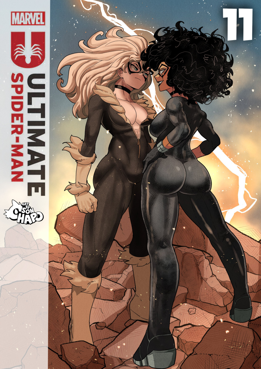 2girls absurdres afro animification ass black_bodysuit black_cat_(marvel) black_hair black_mask blue_eyes bodysuit breasts choker cleavage comic_cover cover cover_image domino_mask face-to-face fur-trimmed_bodysuit fur_trim gloves hand_on_own_hip highres large_breasts latex latex_bodysuit lips long_hair marvel mask multiple_girls parted_lips signature skin_tight smile sonchapo spider-man_(series) superhero_costume ultimate_spider-man_(2024) western_comics_(style) white_hair