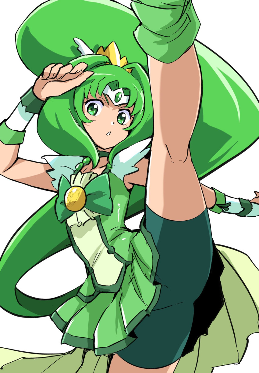 cure_march dress female green_dress green_eyes green_hair green_shorts high_ponytail highres looking_at_viewer magical_girl midorikawa_nao precure shorts simple_background smile_precure solo uraki white_background