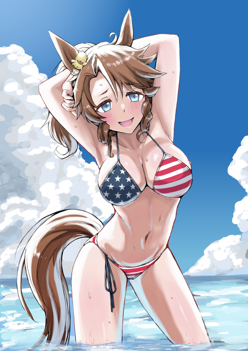 ahoge american_flag american_flag_bikini american_flag_print animal_ears armpits beach bikini blue_eyes breasts brown_hair cleavage cloud collarbone commentary_request cowboy_shot female flag_print hair_between_eyes hair_ornament halterneck hands_up highres horse_ears horse_girl horse_tail long_hair looking_at_viewer medium_breasts mejiro_palmer_(umamusume) multicolored_hair navel nichiyouoekaki ocean outdoors print_bikini side-tie_bikini_bottom sky solo streaked_hair string_bikini swimsuit tail umamusume