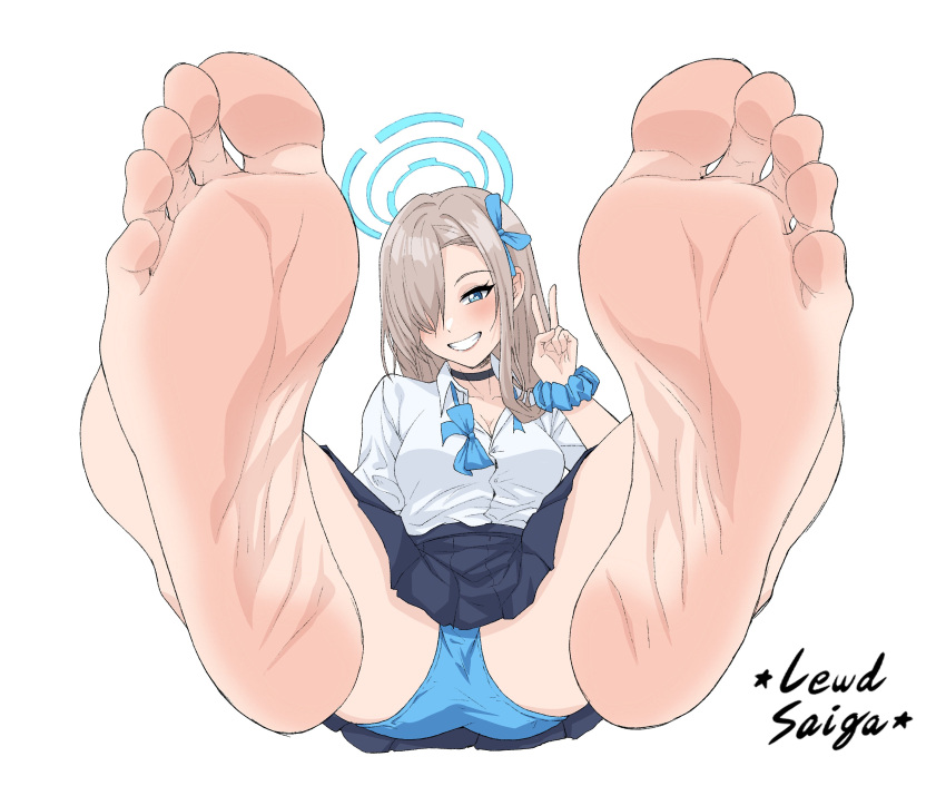 absurdres artist_logo artist_name asuna_(blue_archive) bare_legs barefoot black_choker blue_archive blue_bow blue_bowtie blue_eyes blue_halo blue_panties blush bow bowtie breasts choker cleavage collarbone commentary commission english_commentary eyelashes feet feet_up female foot_focus foreshortening full_body hair_over_one_eye hairbow halo hand_up highres leaning_back lewdsaiga light_brown_hair logo looking_at_viewer medium_breasts one_eye_covered panties school_uniform scrunchie simple_background smile soles solo teeth toenails toes underwear undone_bowtie v white_background wrist_scrunchie