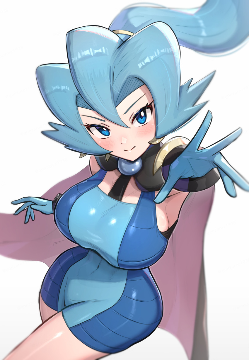 absurdres black_cape blue_bodysuit blue_eyes blue_gloves blue_hair blush bodysuit breasts cape clair_(pokemon) commentary earrings female gem gloves gold_hairband gonzarez hair_between_eyes hairband highres jewelry large_breasts long_hair looking_at_viewer pearl_(gemstone) pokemon pokemon_hgss ponytail sideboob smile solo thick_thighs thighs tooth_earrings unitard wide_hips