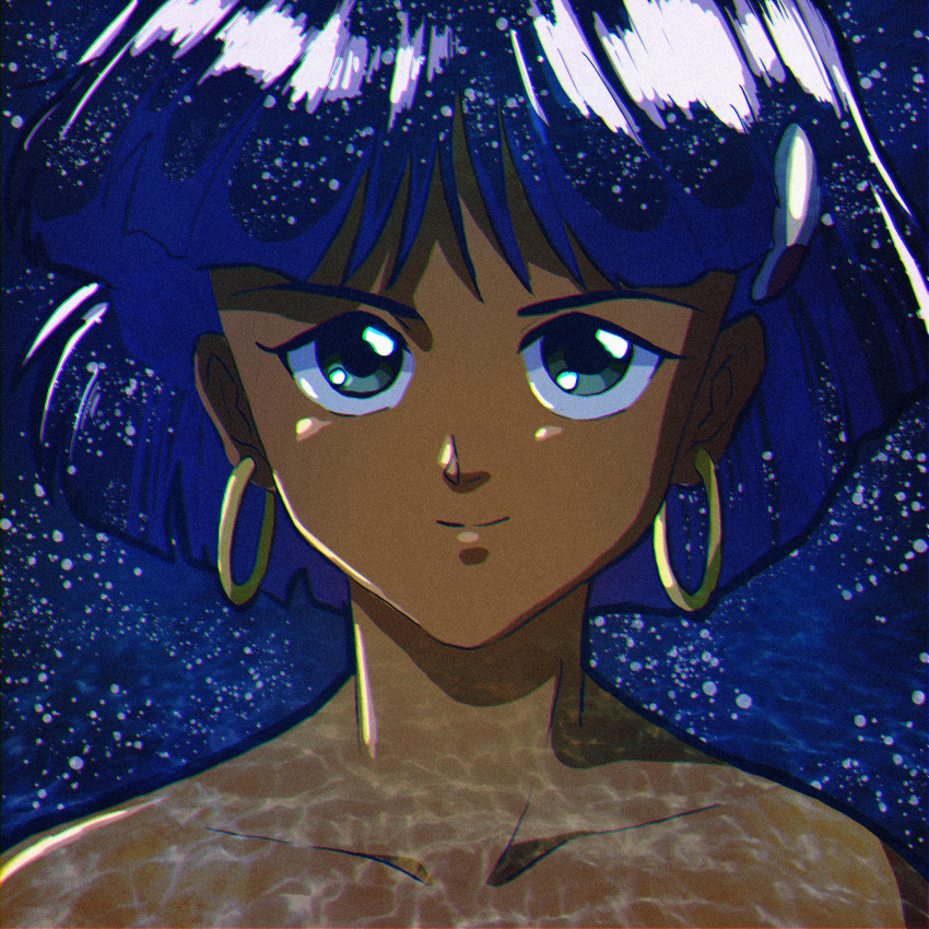 ak_(user_vapp4383) bare_shoulders blue_hair blunt_ends bob_cut close-up closed_mouth collarbone commentary completely_nude dark-skinned_female dark_skin earrings female film_grain fushigi_no_umi_no_nadia gold_earrings green_eyes hair_ornament hairclip highres hoop_earrings jewelry light_particles light_smile looking_at_viewer nadia_la_arwall nude out-of-frame_censoring portrait refraction short_hair smile solo straight-on upturned_eyes