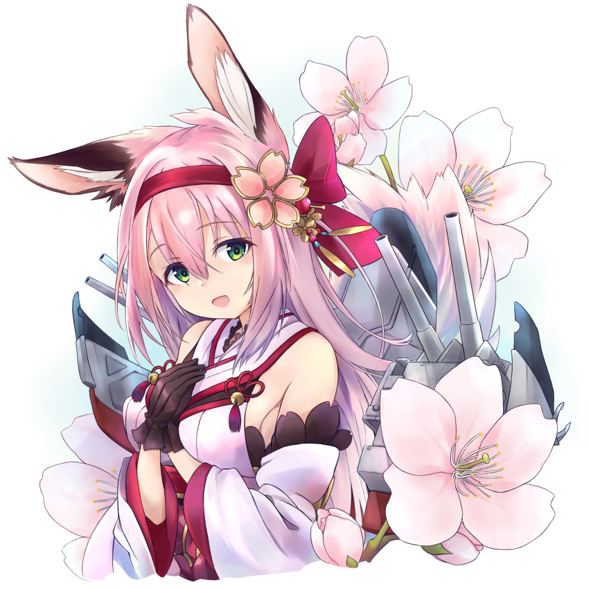 animal_ears azur_lane bare_shoulders black_gloves breasts cherry_blossoms commentary_request female flower fox_ears fox_girl gloves green_eyes hair_between_eyes hair_flower hair_ornament hairband hanazuki_(azur_lane) highres japanese_clothes kimono long_hair looking_at_viewer minosu open_mouth pink_hair rigging sidelocks simple_background smile solo upper_body white_background