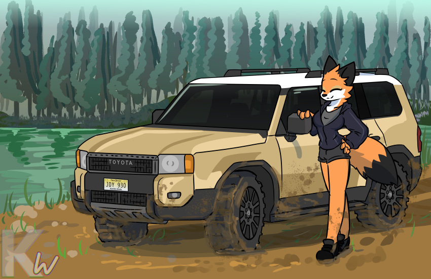 absurd_res anthro canid canine clothing digital_media_(artwork) dirt dirty female footwear forest forest_background fox hi_res judy_reinard kangwolf lake mammal motor_vehicle mud nature nature_background plant red_fox shoes solo suv toyota toyota_land_cruiser tree true_fox vehicle