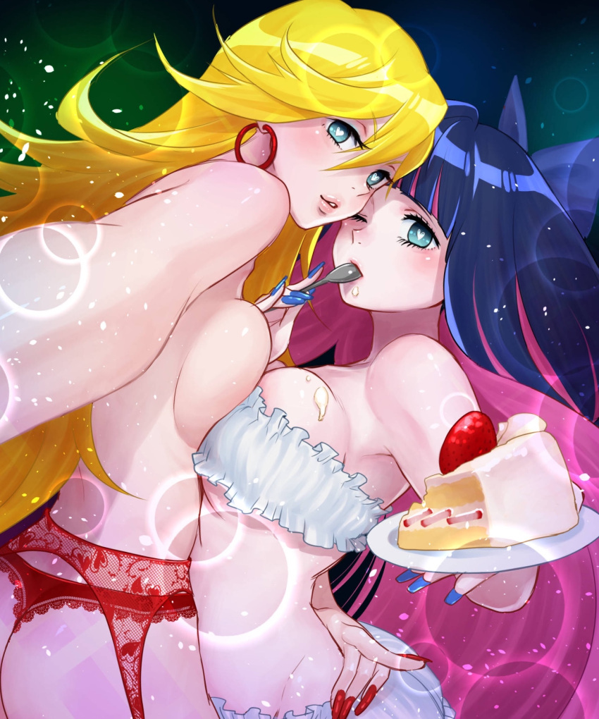 2girls asymmetrical_docking blonde_hair blue_eyes blunt_bangs breast_press breasts cake colored_inner_hair earrings food highres jewelry kalua large_breasts long_hair looking_at_viewer multicolored_hair multiple_girls nail_polish panty_&_stocking_with_garterbelt panty_(psg) siblings sisters stocking_(psg) symmetrical_docking two-tone_hair