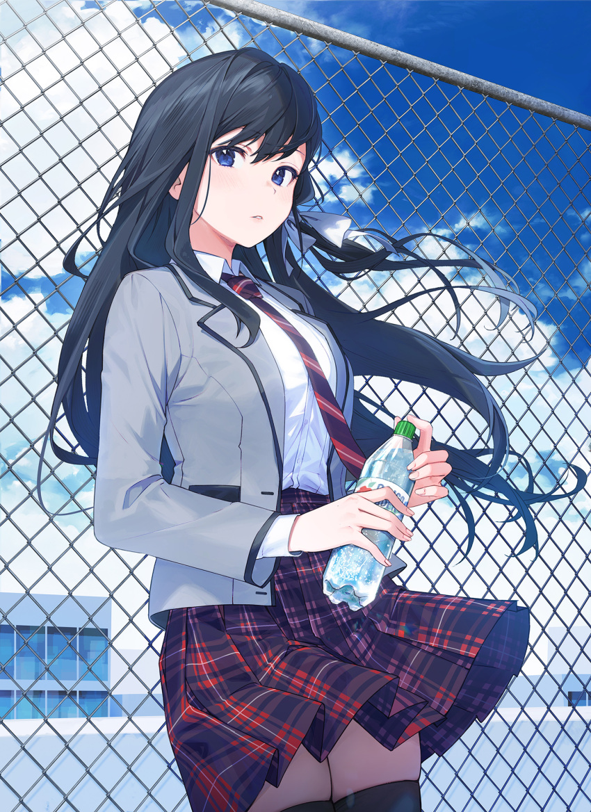 black_hair black_thighhighs blazer bottle bow breasts building chain-link_fence cloud collared_shirt commentary cover cover_image cover_page day female fence grey_jacket hairbow highres holding holding_bottle jacket long_hair long_sleeves looking_at_viewer nagu necktie novel_cover novel_illustration official_art open_clothes open_jacket outdoors parted_lips plaid plaid_skirt red_skirt rooftop school school_uniform shirt shirt_tucked_in skindentation skirt sky solo tareme tenshi_wa_tansan_shika_nomanai thighhighs white_bow white_shirt yuzuki_minato