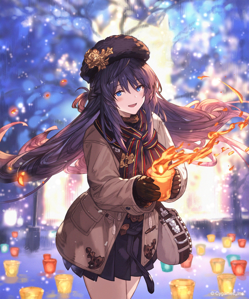 :d black_hat black_scarf black_skirt blue_eyes blurry blurry_background brown_coat brown_gloves brown_hair coat cowboy_shot ezusuke female floating_hair gloves hair_between_eyes hat highres holding lantern long_hair long_sleeves miniskirt open_clothes open_coat open_mouth paper_lantern pleated_skirt scarf shingeki_no_bahamut skirt smile solo standing striped_clothes striped_scarf very_long_hair winter