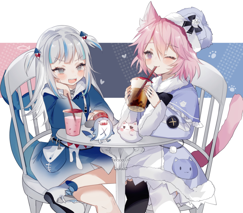 2girls animal_ears asymmetrical_legwear black_ribbon bloop_(gawr_gura) blue_coat blue_eyes blue_hair blue_hoodie bubble_tea cat_ears cat_girl cat_tail chair coat commission crossed_legs cup drinking_straw fins fish_tail fur-trimmed_coat fur_collar fur_hat fur_trim gawr_gura gawr_gura_(1st_costume) hand_on_own_chin hat highres holding holding_cup hololive hololive_english hood hoodie long_hair md5_mismatch medium_hair mismatched_legwear multicolored_hair multiple_girls nyatasha_nyanners nyatasha_nyanners_(2nd_costume) one_eye_closed open_mouth pink_hair purple_eyes ribbon shark_girl shark_tail sharp_teeth shoes short_hair sitting skeb_commission sorani_(kaeru0768) streaked_hair table tail teeth thighhighs two_side_up ushanka virtual_youtuber vshojo