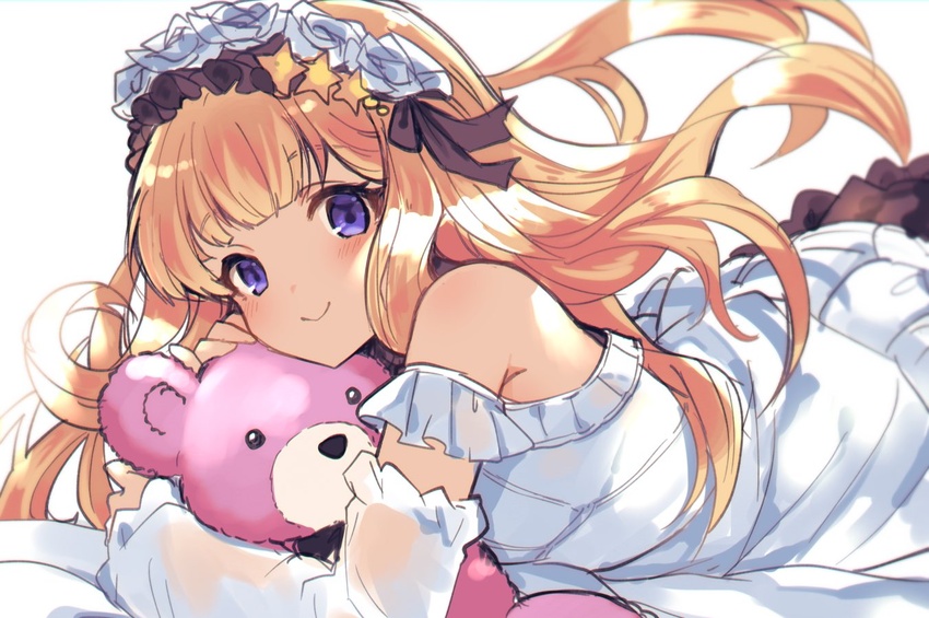 :> armband bare_shoulders black_ribbon blonde_hair blue_eyes blush cagliostro_(granblue_fantasy) commentary dress elbow_gloves female fingerless_gloves frilled_armband frilled_dress frills gloves granblue_fantasy hair_ornament hair_ribbon headdress holding holding_stuffed_toy long_hair looking_at_viewer lying nozomu144 on_stomach ribbon simple_background smile solo star_(symbol) star_hair_ornament stuffed_animal stuffed_toy symbol-only_commentary teddy_bear upper_body white_background white_dress white_gloves