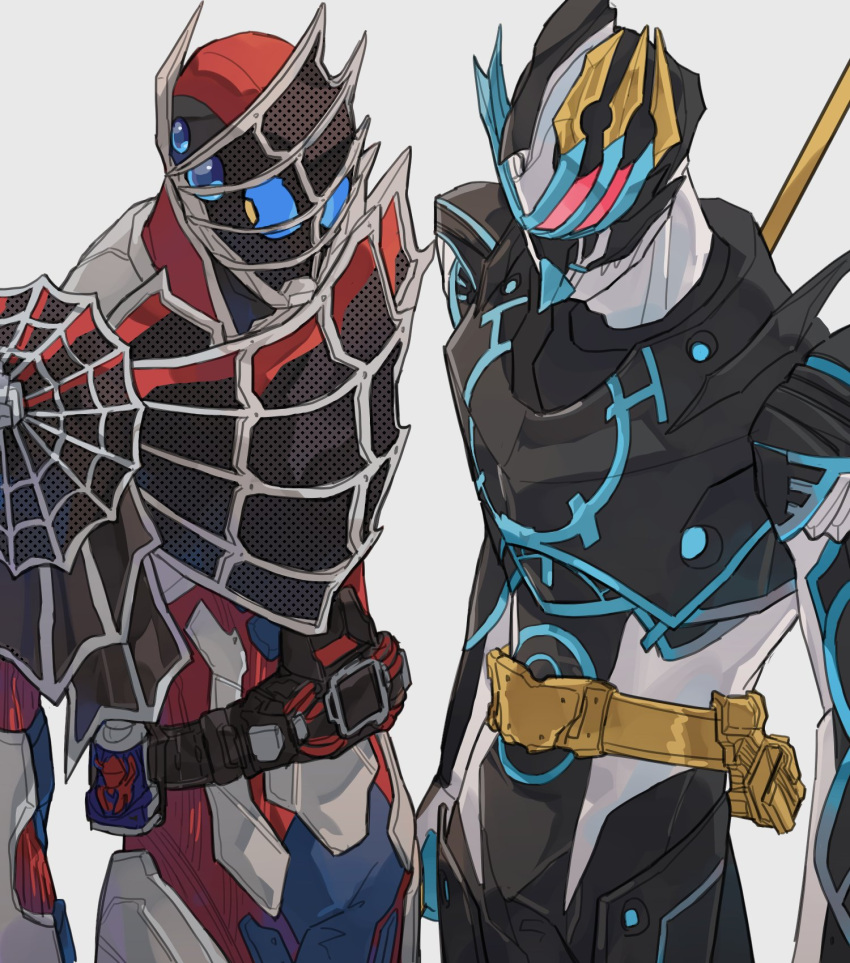 2boys armor asymmetrical_horns bad_id bad_twitter_id bbbb_fex black_armor blue_eyes blue_horns crossover demons_driver driver_(kamen_rider) extra_eyes face-to-face gold_belt gold_horns highres holding holding_weapon horns kamen_rider kamen_rider:_beyond_generations kamen_rider_demons kamen_rider_durendal kamen_rider_revice kamen_rider_saber_(series) male_focus mismatched_horns multiple_boys polearm red_armor red_eyes rider_belt silk spider_genome spider_web spider_web_print trident vistamp weapon white_background