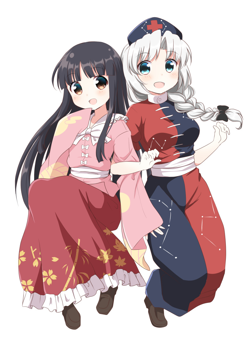 2girls :d absurdres bamboo_print black_hair blue_dress blue_eyes blue_headwear blunt_bangs blush bow bowtie braid braided_ponytail brown_eyes brown_footwear collared_dress collared_shirt commentary_request constellation constellation_print cross dot_nose dress egasumi eyebrows eyes_visible_through_hair frilled_dress frills full_body hat highres hime_cut houraisan_kaguya japanese_clothes kimono leaf_print loafers locked_arms long_hair long_skirt long_sleeves looking_at_another looking_at_viewer multicolored_clothes multicolored_dress multiple_girls nurse_cap open_mouth pink_shirt puffy_short_sleeves puffy_sleeves red_cross red_dress red_skirt sash shirt shoes short_sleeves sidelocks simple_background single_braid skirt sleeves_past_wrists smile touhou usagi_koushaku white_background white_bow white_bowtie white_hair white_sash yagokoro_eirin