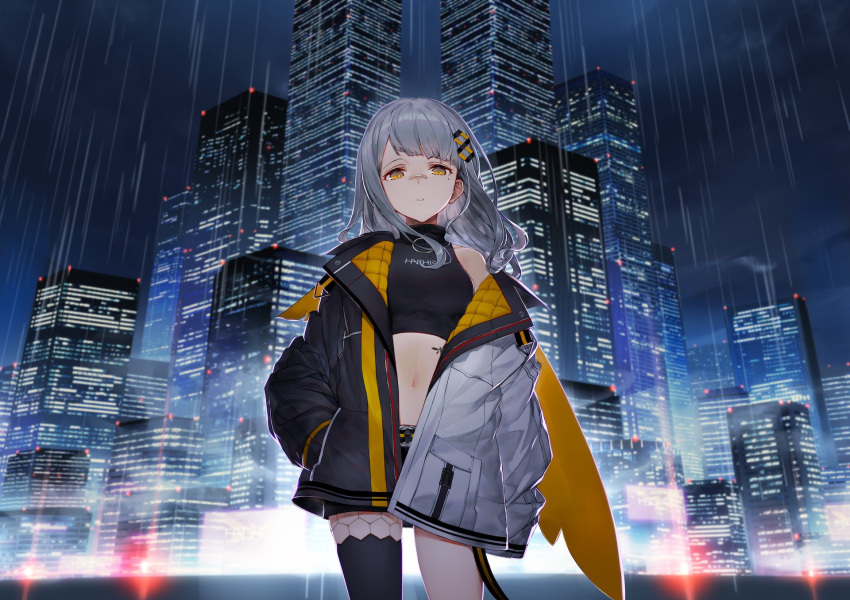 bandaid bandaid_on_face bandaid_on_nose bare_shoulders black_shirt black_shorts black_thighhighs building city city_lights cityscape commentary_request cowboy_shot crop_top female grey_hair hachi_(live_union) hair_ornament hand_in_pocket highres honeycomb_(pattern) izumi_sai jacket live_union long_hair long_sleeves looking_at_viewer midriff mole mole_under_eye multicolored_clothes multicolored_jacket navel night off_shoulder open_clothes open_jacket orange_eyes outdoors parted_lips puffy_sleeves rain shirt short_shorts shorts single_thighhigh skyscraper sleeveless sleeveless_shirt solo standing stomach tattoo thighhighs thighs two-tone_jacket virtual_youtuber