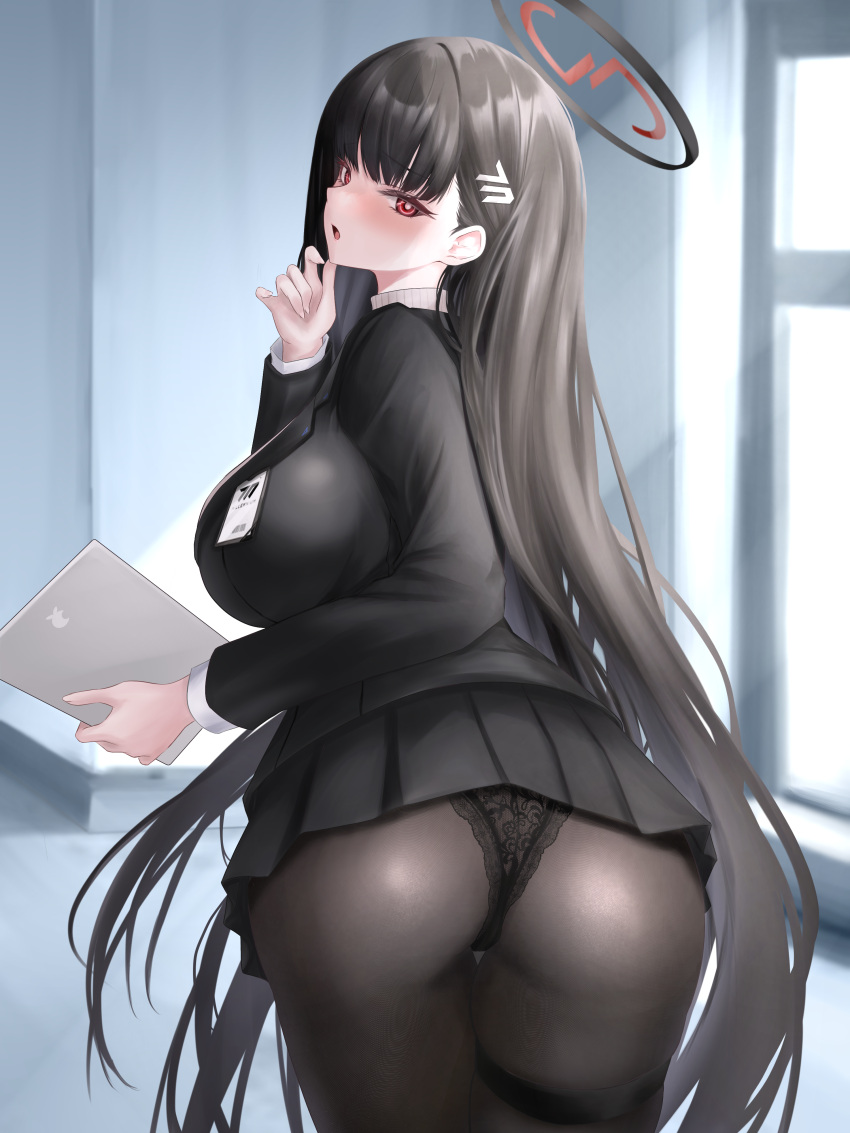 :o absurdres ass black_hair black_jacket black_panties black_pantyhose black_skirt blazer blue_archive blush breasts commentary female from_behind halo highres holding holding_tablet_pc indoors jacket lace-trimmed_panties lace_trim large_breasts long_hair looking_at_viewer looking_back noa_(skae3323) panties pantyhose pleated_skirt red_eyes rio_(blue_archive) skirt solo straight_hair tablet_pc thigh_strap underwear very_long_hair