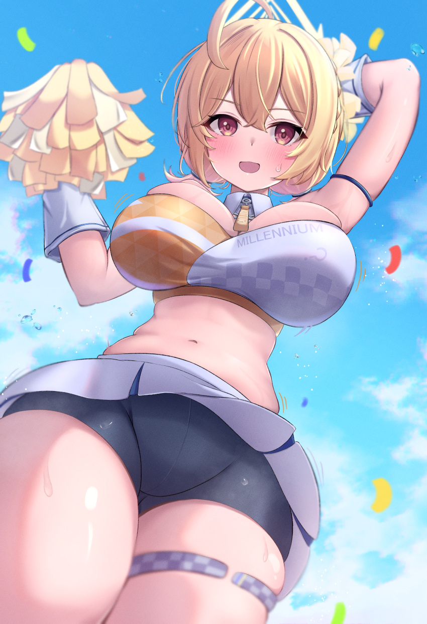 ? absurdres ahoge arm_behind_head arm_up armlet bike_shorts black_shorts blonde_hair blue_archive blue_sky blush braid breasts character_name cleavage cloud cloudy_sky commentary criss-cross_halter detached_collar female from_below hair_between_eyes halo halterneck highres holding holding_pom_poms kotori_(blue_archive) kotori_(cheer_squad)_(blue_archive) large_breasts looking_at_viewer looking_down low_twintails medium_hair millennium_cheerleader_outfit_(blue_archive) navel neko_punch_(user_hddm3373) official_alternate_costume official_alternate_hairstyle open_mouth outdoors pleated_skirt plump pom_pom_(cheerleading) red_eyes short_shorts shorts sidelocks single_braid skirt sky sleeveless solo stomach thick_thighs thigh_strap thighs twintails