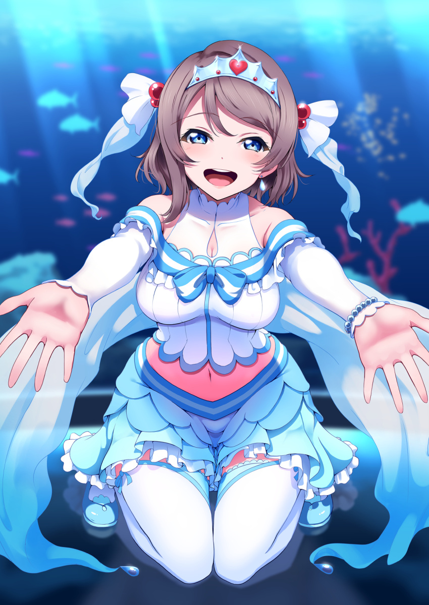 amagi_(volfuji) blue_eyes breasts brown_hair cleavage cleavage_cutout clothing_cutout collarbone commentary coral detached_sleeves earrings female fish highres jewelry koi_ni_naritai_aquarium looking_at_viewer love_live! love_live!_sunshine!! medium_breasts midriff navel sidelocks solo thighhighs underwater watanabe_you white_thighhighs