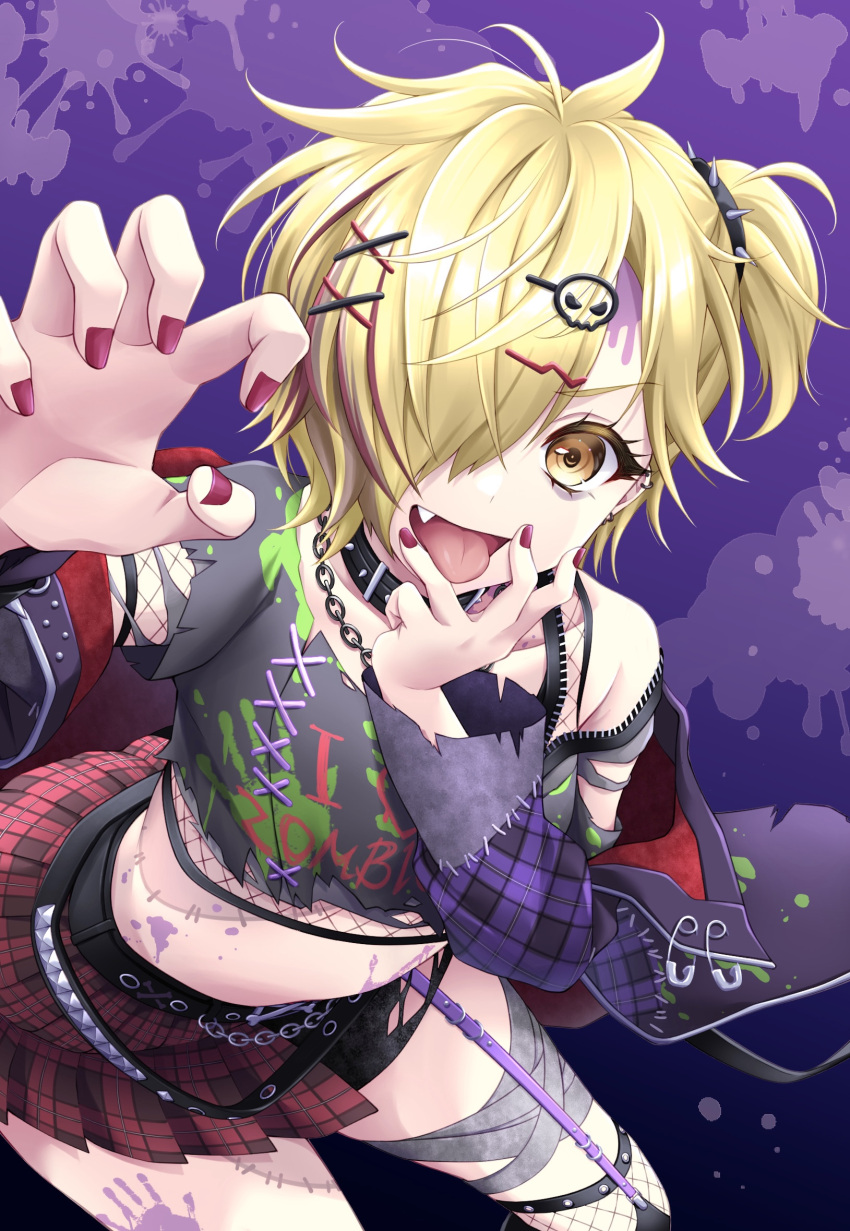 bags_under_eyes bandaged_leg bandages black_background black_shirt blonde_hair blue_background crop_top d4dj female hair_ornament hair_over_one_eye hairpin highres looking_at_viewer multicolored_background multicolored_hair oerba_yun_fang one_eye_covered open_mouth piyopiyomaru_(piyo8823) plaid plaid_skirt purple_background red_hair red_nails shirt short_hair side_ponytail skirt skull_hair_ornament solo tongue tongue_out tsukimiyama_nagisa