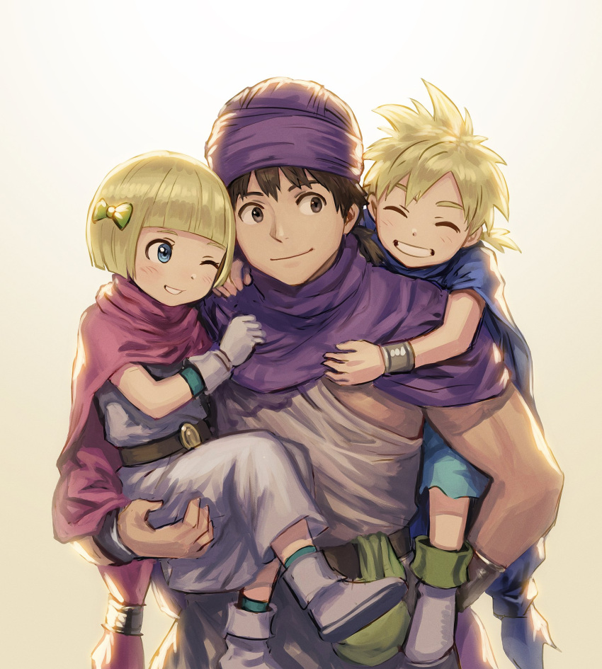 2boys anbe_yoshirou belt black_hair blonde_hair blue_cape blue_eyes bob_cut bracelet brother_and_sister cape dragon_quest dragon_quest_v father's_day father_and_daughter father_and_son female gloves hair_ribbon happy hero's_daughter_(dq5) hero's_son_(dq5) hero_(dq5) highres jewelry long_hair low_ponytail multiple_boys one_eye_closed pink_cape ponytail purple_cape ribbon short_hair siblings smile tabitha_(dq5) turban twins