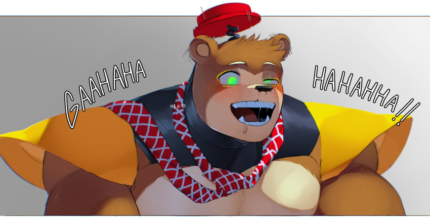 2022 animatronic anthro artist_name bear biceps blush brown_body brown_fur bust_portrait clothing countershading digital_media_(artwork) five_nights_at_freddy's freddy_fazbear's_pizzeria_simulator fur green_eyes grey_background hat headgear headwear hi_res kato200_0 machine male mammal multicolored_body multicolored_fur muscular muscular_anthro muscular_male necktie nedd_bear_(fnaf) pecs portrait robot scottgames shoulder_pads signature simple_background smile solo spring_(device) tan_body tan_fur teeth tongue two_tone_body two_tone_fur