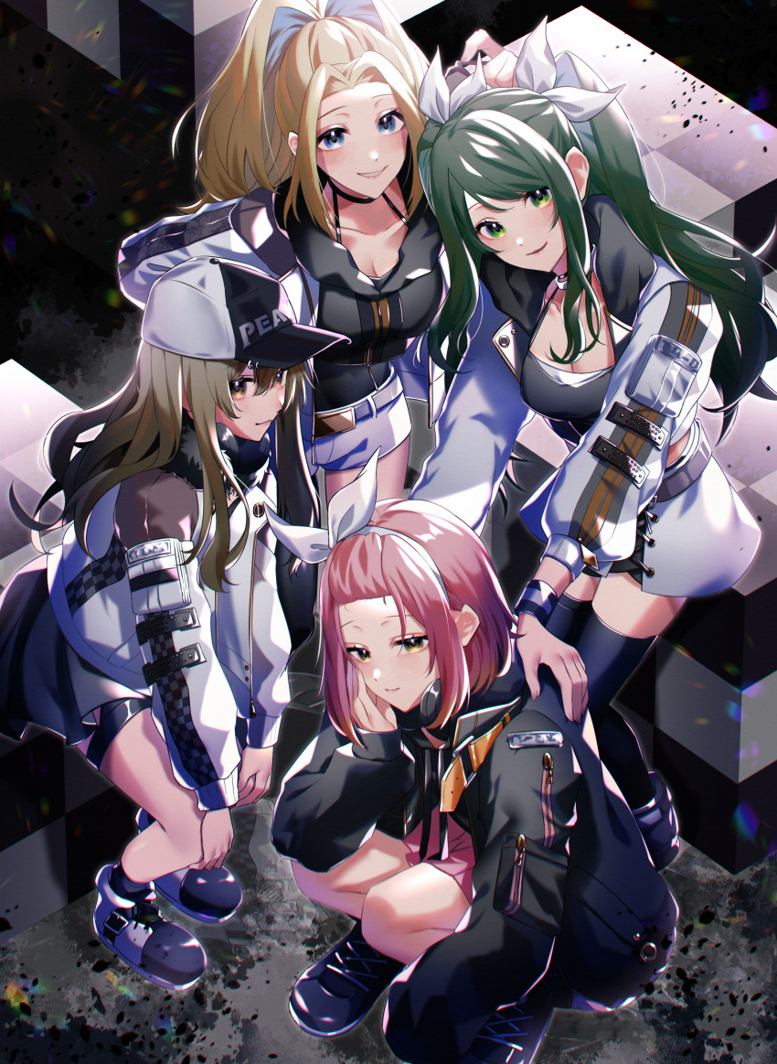 4girls absurdres black_background black_hair blonde_hair blue_eyes brown_eyes d4dj green_eyes green_hair grey_background highres inuyose_shinobu light_brown_hair long_hair looking_at_viewer medium_hair multicolored_background multicolored_hair multiple_girls om_rm1101 orange_eyes peaky_p-key pink_hair ponytail sasago_jennifer_yuka shimizu_esora twintails white_background yamate_kyouko