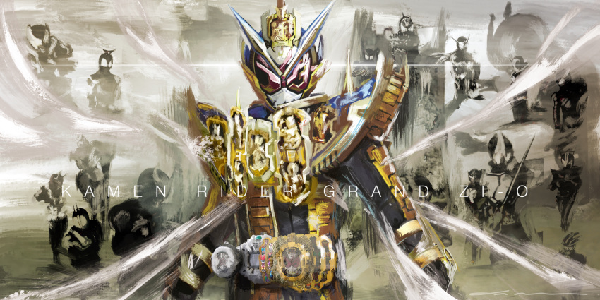 absurdres alternate_costume arm_up armor aura belt black_armor black_footwear black_gloves bodysuit clenched_hand clock clock_hands commentary_request compound_eyes cowboy_shot driver_(kamen_rider) gloves glowing glowing_eyes gold_armor gold_trim grand_zi-o_rider_watch helmet highres horns imminent_fight kamen_rider kamen_rider_555 kamen_rider_agito kamen_rider_agito_(series) kamen_rider_blade kamen_rider_blade_(series) kamen_rider_build kamen_rider_build_(series) kamen_rider_dcd kamen_rider_decade kamen_rider_den-o kamen_rider_den-o_(series) kamen_rider_double kamen_rider_drive kamen_rider_drive_(series) kamen_rider_ex-aid kamen_rider_ex-aid_(series) kamen_rider_faiz kamen_rider_fourze kamen_rider_fourze_(series) kamen_rider_gaim kamen_rider_gaim_(series) kamen_rider_ghost kamen_rider_ghost_(series) kamen_rider_grand_zi-o kamen_rider_hibiki kamen_rider_hibiki_(series) kamen_rider_kabuto kamen_rider_kabuto_(series) kamen_rider_kiva kamen_rider_kiva_(series) kamen_rider_kuuga kamen_rider_kuuga_(series) kamen_rider_ooo kamen_rider_ooo_(series) kamen_rider_ryuki kamen_rider_ryuki_(series) kamen_rider_w kamen_rider_wizard kamen_rider_wizard_(series) kamen_rider_zi-o kamen_rider_zi-o_(series) loincloth long_coat male_focus multiple_boys official_alternate_costume open_hand pink_eyes powering_up red_eyes rider_belt rider_watch shoulder_armor single_horn sky spotlight standing tokusatsu waistcoat weapon yygnzm ziku_driver