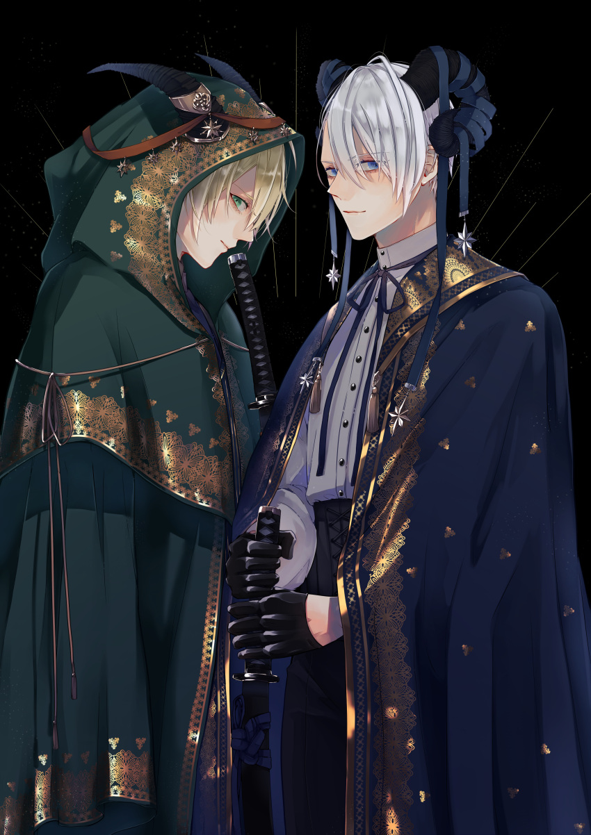 2boys absurdres black_background black_gloves black_pants blonde_hair blue_cloak blue_eyes blue_ribbon capelet cloak closed_mouth collared_shirt cowboy_shot curled_horns frown gemini_(zodiac) gloves gold_trim green_capelet green_cloak green_eyes hair_between_eyes hair_ornament half_gloves highres holding holding_sword holding_weapon hood hood_up hooded_cloak horn_ornament horn_ribbon horn_ring horns katana long_sleeves looking_at_viewer male_focus maro_(m_r_6717) multiple_boys neck_ribbon pants profile ribbon shirt short_hair sideways_glance simple_background smile star_(symbol) star_ornament string sword touken_ranbu weapon white_hair white_shirt yamanbagiri_chougi yamanbagiri_kunihiro zodiac