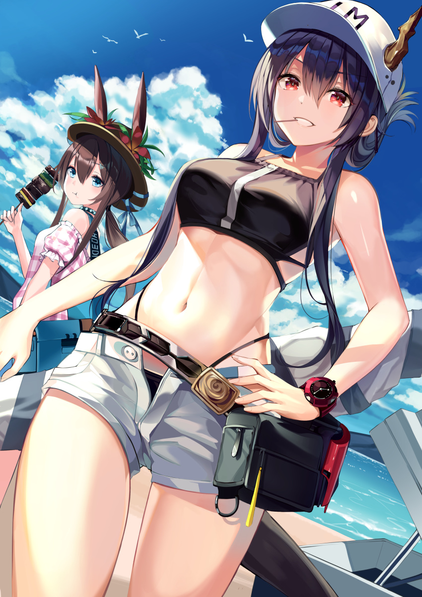 2girls :t absurdres amiya_(arknights) animal_ears arknights bare_arms bare_shoulders baseball_cap beach belt bikini blue_eyes blue_hair blue_sky breasts brown_hair buri_(retty9349) ch'en_(arknights) cloud commentary_request cowboy_shot day dragon_horns dutch_angle ears_through_headwear female_tourist_c_(arknights) flower food grin hair_between_eyes hand_on_own_hip has_bad_revision has_downscaled_revision hat hat_flower highleg highleg_bikini highres holding holding_food horns kebab large_breasts long_hair looking_at_viewer md5_mismatch mouth_hold multiple_girls navel ocean off-shoulder_shirt off_shoulder official_alternate_costume open_fly outdoors pink_shirt plaid plaid_shirt pouch puffy_short_sleeves puffy_sleeves rabbit_ears red_eyes red_flower resolution_mismatch shirt short_shorts short_sleeves shorts sidelocks sky smile source_smaller standing stomach sun_hat swimsuit teeth_hold thighs watch water white_shorts wristwatch