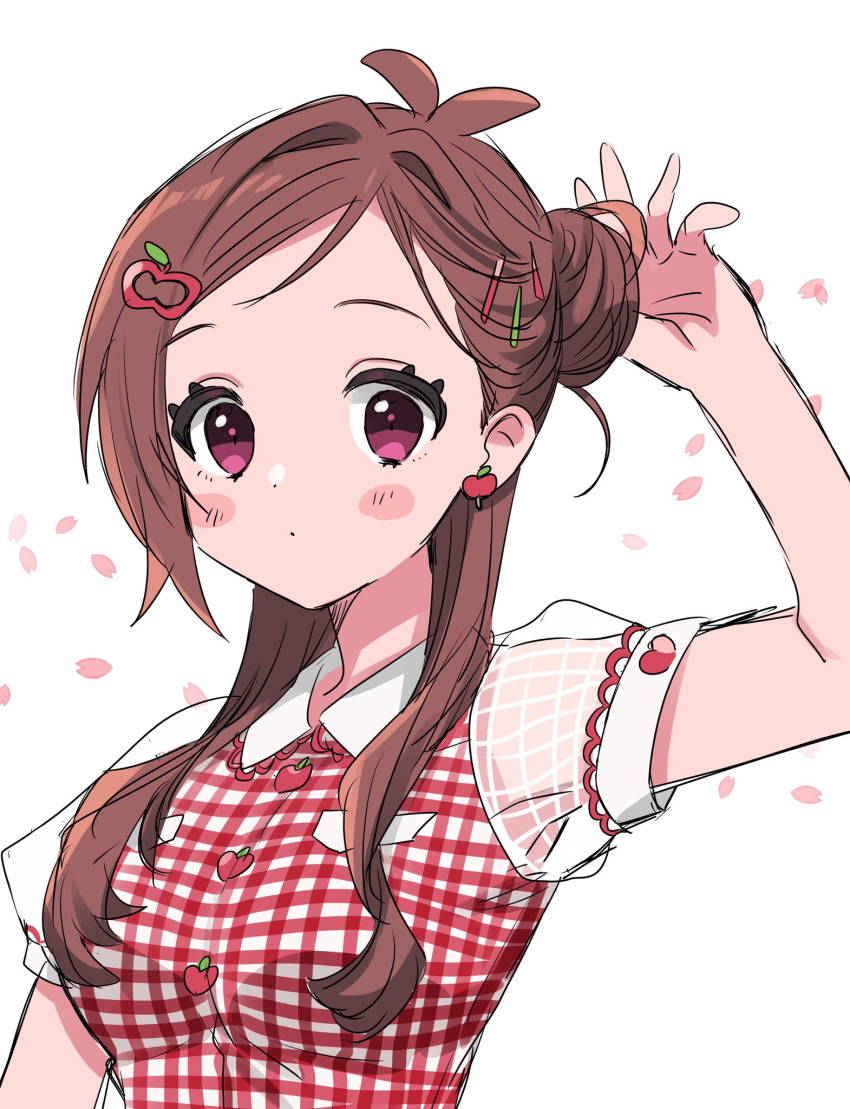 :o alternate_hairstyle antenna_hair apple_earrings apple_hair_ornament blush brown_hair earrings female food-themed_earrings food-themed_hair_ornament hair_bun hair_ornament highres idolmaster idolmaster_cinderella_girls jewelry long_hair looking_at_viewer plaid plaid_shirt red_eyes see-through see-through_sleeves shirt simple_background single_hair_bun solo sukoyaka_(100hituzi) tsujino_akari upper_body white_background