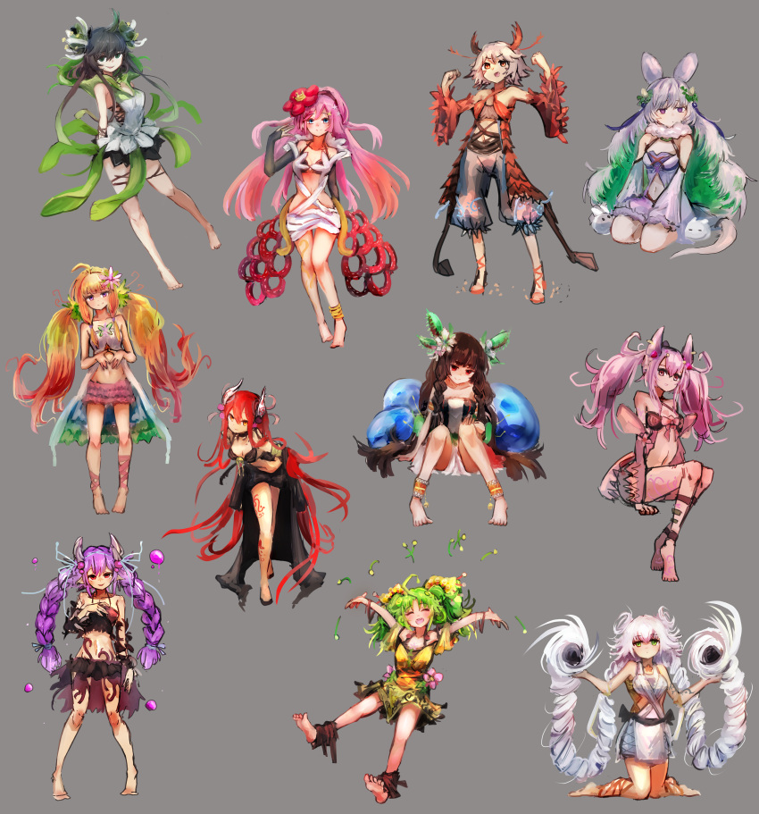 6+girls absurdres anklet barefoot black_hair blonde_hair braid brown_hair detached_sleeves dress duel_monster everyone flower gradient_hair green_eyes green_hair grey_background hair_flower hair_ornament hands_up hatano_kiyoshi highres horns jewelry leaning_forward long_hair low_twintails midriff multicolored_hair multiple_girls orange_hair pink_hair puffy_pants purple_hair red_hair seiza short_hair simple_background sitting smile traptrix_allomerus traptrix_atrax traptrix_cularia traptrix_dionaea traptrix_genlisea traptrix_mantis traptrix_myrmeleo traptrix_nepenthes traptrix_rafflesia traptrix_sera traptrix_vesiculo twin_braids twintails very_long_hair white_hair yu-gi-oh!