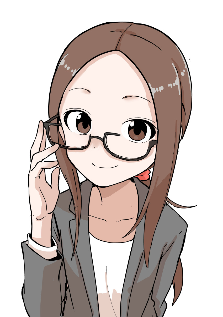 absurdres bespectacled brown_eyes brown_hair closed_mouth coat female forehead glasses highres inaba_mifumi karakai_jouzu_no_takagi-san looking_at_viewer ribbon shirt smile solo takagi-san white_background white_shirt