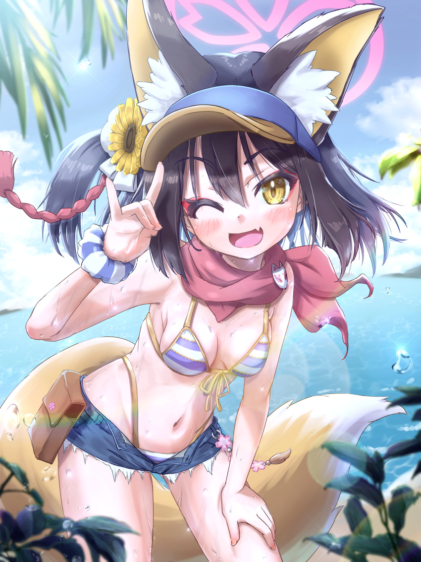 ;d absurdres animal_ear_fluff animal_ears arm_support armpits beach bent_over bikini black_hair blue_archive blue_sky blurry breasts cleavage cloud cloudy_sky commentary_request denim denim_shorts depth_of_field eyeshadow female flower fox_ears fox_girl fox_shadow_puppet fox_tail hair_between_eyes hair_flower hair_ornament halo highres izuna_(blue_archive) izuna_(swimsuit)_(blue_archive) looking_at_viewer makeup medium_breasts medium_hair navel ocean oerba_yun_fang one_eye_closed one_side_up outdoors pink_halo red_eyeshadow red_scarf rope scarf scrunchie shimenawa short_shorts shorts sidelocks skin_fang sky sleeveless smile solo spaghetti_strap stomach striped_bikini striped_clothes sunflower sunflower_hair_ornament swimsuit tail tomonx visor_cap wet wet_clothes wet_swimsuit wrist_scrunchie yellow_eyes