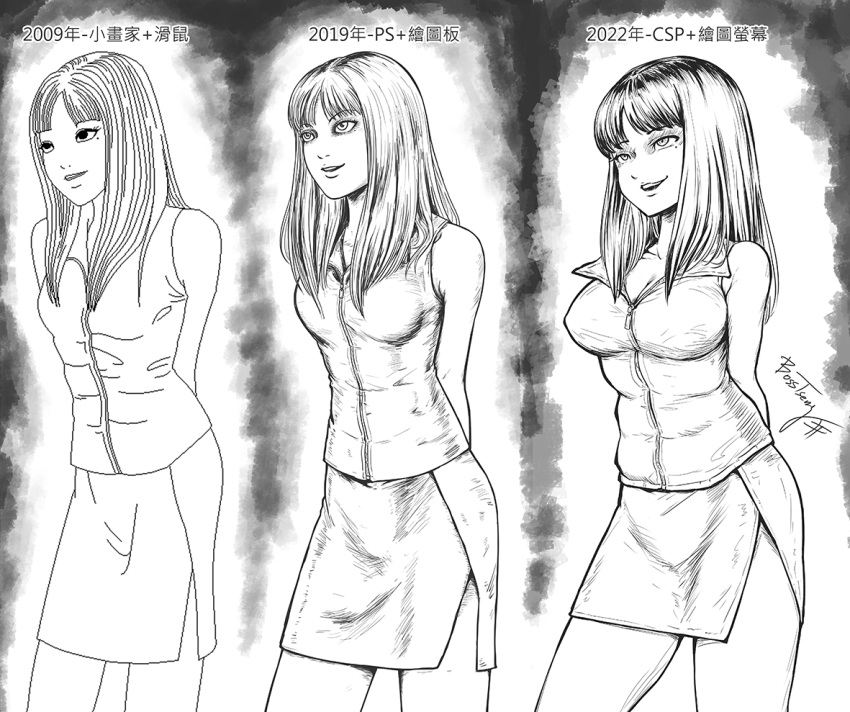 arms_behind_back artist_progress bosstseng breasts chinese_text cleavage clip_studio_paint_(medium) commentary female greyscale kawakami_tomie large_breasts medium_breasts miniskirt mole mole_under_eye monochrome photoshop_(medium) side_slit signature skirt small_breasts tomie traditional_chinese_text translation_request