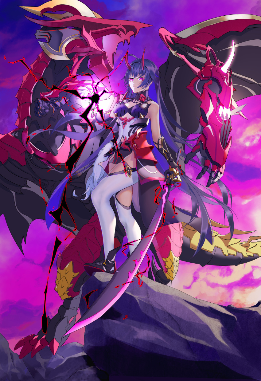 absurdres armor bare_shoulders closed_mouth dragon electricity female full_body gauntlets highres holding holding_sword holding_weapon honkai_(series) honkai_impact_3rd horns japanese_armor katana kurikara_(honkai_impact) long_hair looking_at_viewer mikuandalice outdoors purple_eyes purple_hair purple_sky raiden_mei raiden_mei_(herrscher_of_thunder) sky solo standing sword thighhighs weapon white_thighhighs