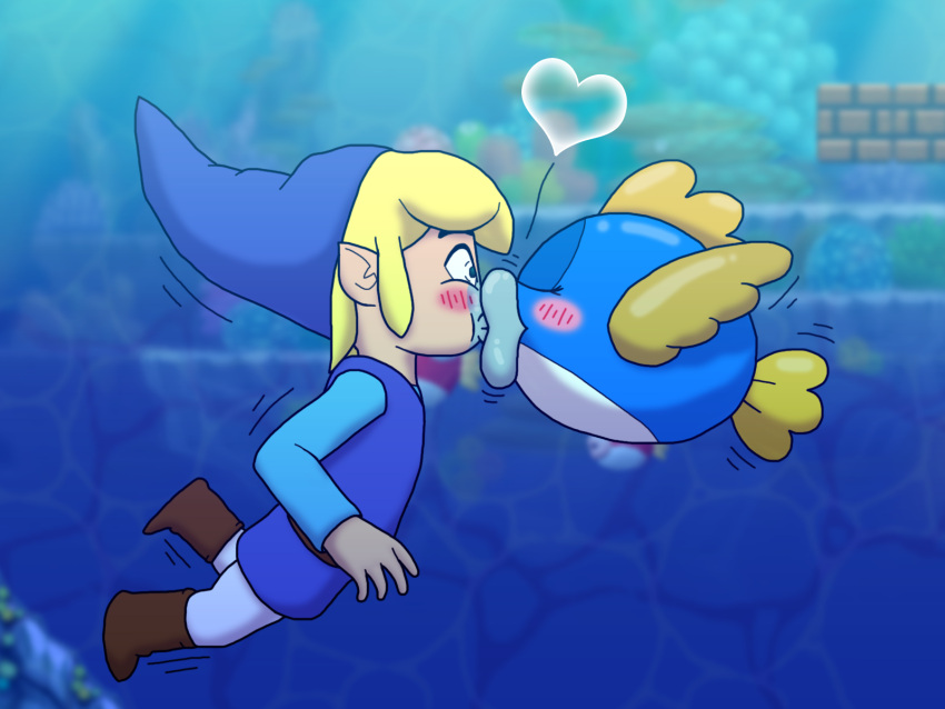 2022 4:3 ambiguous_gender blonde_hair cheep_cheep closed_eyes clothing crossover duo fish hair hat headgear headwear heart_symbol hi_res humanoid humanoid_pointy_ears hylian interspecies kiss_on_lips kissing lips male male/ambiguous mammal marine mario_bros nintendo surprise surprise_kiss the_legend_of_zelda the_scale_train thick_lips toon_link underwater water wide_eyed wind_waker