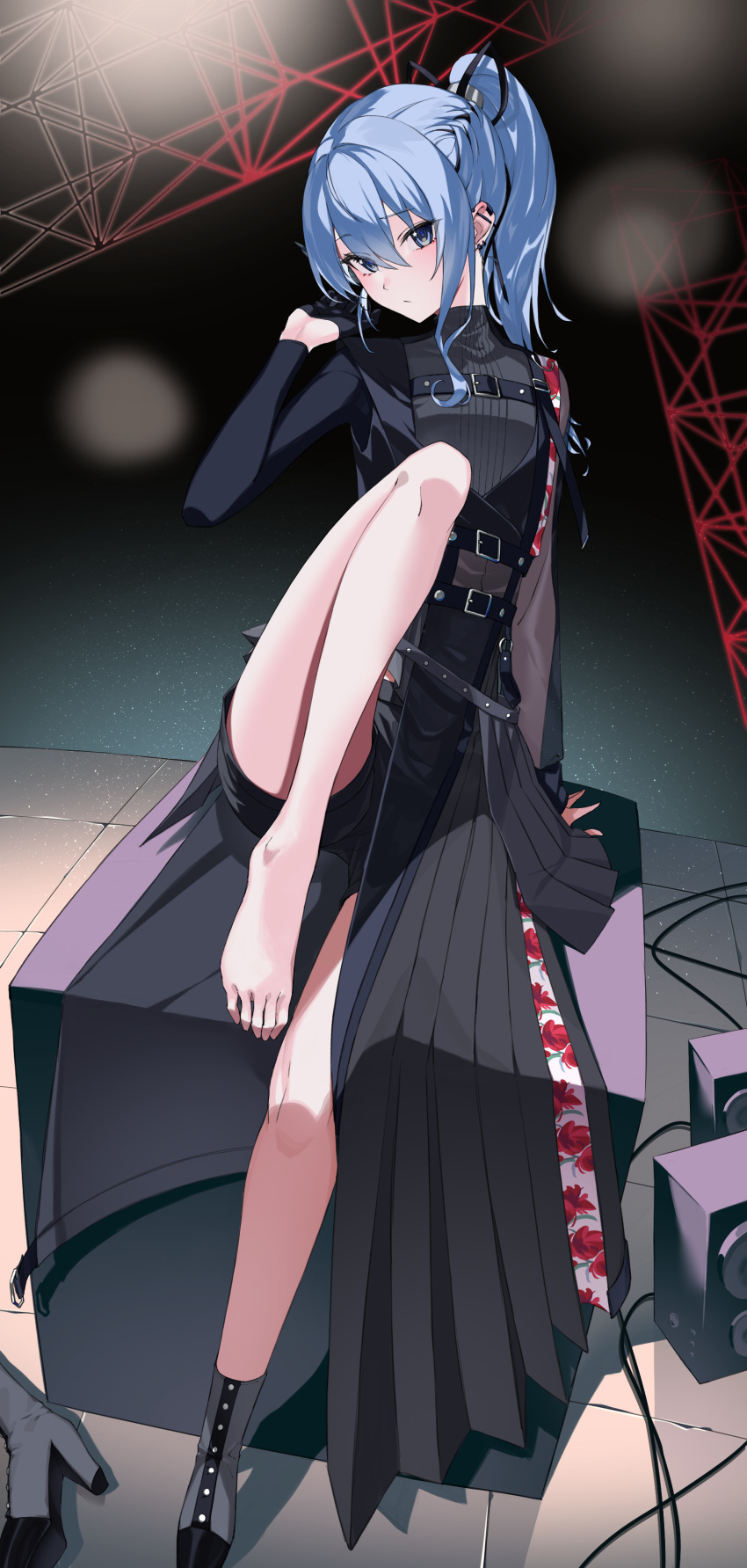 absurdres arm_support asymmetrical_clothes bad_id bad_pixiv_id barefoot belt black_belt black_dress black_gloves black_ribbon black_shorts blue_eyes blue_hair blush boots closed_mouth commentary_request dress ear_piercing eyelashes feet female flat_chest full_body gloves grey_footwear hair_between_eyes hair_ribbon hand_up high_heel_boots high_heels highres hololive hoshimachi_suisei hoshimachi_suisei_(shout_in_crisis) knee_up leaning_back legs long_sleeves looking_at_viewer official_alternate_costume osechi_(pixiv56606477) piercing pleated_dress ponytail ribbon shadow shoes short_shorts shorts side_slit sidelocks single_glove single_shoe sitting solo star_(symbol) star_in_eye symbol_in_eye thighs tile_floor tiles toes virtual_youtuber