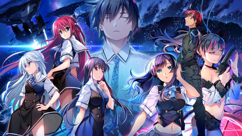 2boys 5girls absurdres aqua_eyes black_bra black_choker black_dress black_hair black_shorts black_vest blue_bow blue_bowtie bow bowtie bra brown_eyes choker closed_eyes closed_mouth collared_shirt dress floating_hair grisaia_(series) grisaia_chronos_rebellion gun hair_ornament hand_on_own_hip handgun highres holding holding_gun holding_weapon kazami_kazuki kazami_yuuji key_visual l_(grisaia_chronos_rebellion) long_hair masaki_arata midriff multicolored_hair multiple_boys multiple_girls navel necktie official_art parted_lips pink_hair plaid_necktie ponytail profile promotional_art purple_hair r_(grisaia_chronos_rebellion) red_eyes red_hair sailor_collar sakaki_yumiko school_uniform shirt short_hair short_shorts short_sleeves shorts smile stomach suou_amane two-tone_hair underwear very_long_hair vest weapon white_hair white_sailor_collar white_shirt wing_collar x_hair_ornament