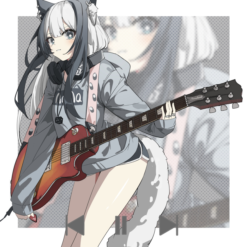 animal_ear_fluff animal_ears bare_legs black_headphones blue_eyes blunt_bangs blush border cat_ears cat_girl cat_tail chinese_commentary commentary cowboy_shot dice ear_piercing electric_guitar female gibson_les_paul grey_hair grey_hoodie grin guitar gun_sling halftone headphones headphones_around_neck highres holding holding_instrument holding_plectrum hood hood_down hoodie instrument jewelry long_hair long_sleeves looking_at_viewer multicolored_hair multiple_rings necklace original pause_button piercing plectrum print_hoodie qtian ring short_shorts shorts sidelocks sleeve_cuffs sleeves_past_wrists smile solo star-shaped_pupils star_(symbol) symbol-shaped_pupils tail teeth thighs two-tone_hair white_border white_hair zoom_layer