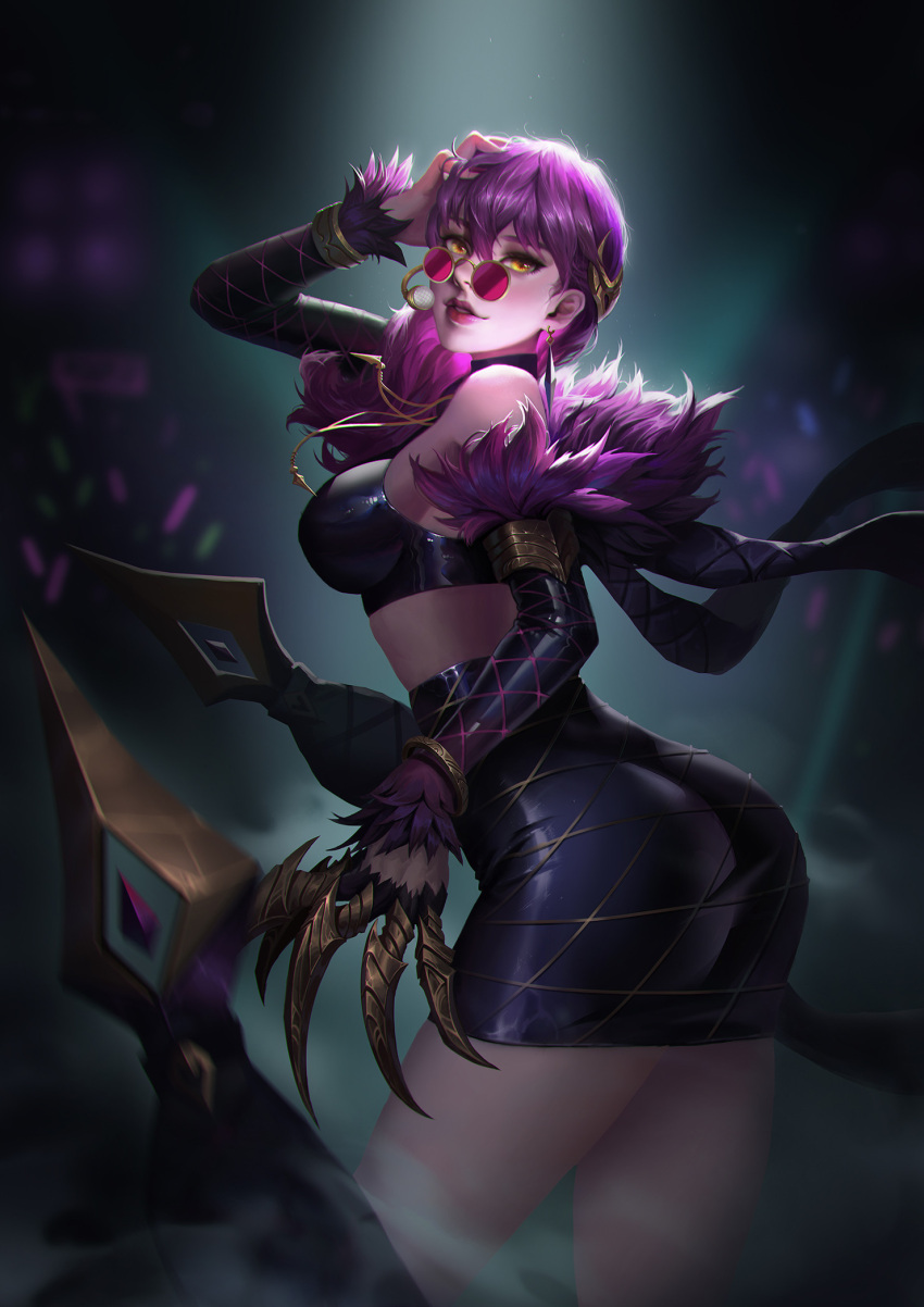 bare_shoulders black_choker black_skirt breasts choker chromatic_aberration claw_(weapon) claws concert crop_top dailiangzueiai detached_sleeves earrings evelynn_(league_of_legends) female glowstick headset highres idol jewelry k/da_(league_of_legends) k/da_evelynn league_of_legends lipstick long_hair looking_at_viewer looking_over_eyewear makeup medium_breasts official_alternate_costume official_alternate_hairstyle parted_lips pink-tinted_eyewear purple_hair round_eyewear skirt smile solo stage_lights sunglasses tinted_eyewear weapon yellow_eyes