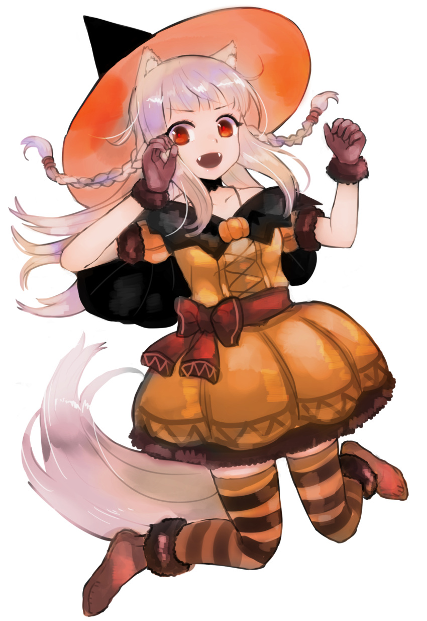 :d animal_ear_fluff animal_ears black_capelet black_choker bow braid brown_gloves capelet choker collarbone dress fangs female floating_hair full_body fur-trimmed_gloves fur-trimmed_sleeves fur_trim gloves halloween_costume hat highres legs_up long_hair mayumura_basako myuri_(spice_and_wolf) open_mouth orange_dress orange_hat red_bow red_eyes shinsetsu_spice_and_wolf short_sleeves simple_background smile solo spice_and_wolf striped_clothes striped_thighhighs tail thighhighs twin_braids very_long_hair white_background white_hair witch witch_hat wolf_ears wolf_girl wolf_tail zettai_ryouiki