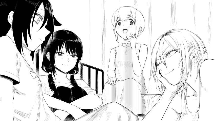 4girls :d absurdres bags_under_eyes bed bedroom blush breasts buttons casual cleavage closed_mouth collarbone commentary_request curtains dress ear_piercing earrings freckles greyscale hair_between_eyes hand_on_own_cheek hand_on_own_face hand_up happy highres hugging_own_legs indoors jewelry knees_up koma_neko kuroki_tomoko long_hair looking_at_another looking_at_viewer low_twintails monochrome multiple_girls on_bed open_mouth piercing shirt short_hair short_sleeves sitting sleeveless sleeveless_dress smile split_mouth tamura_yuri tanaka_mako tank_top twintails watashi_ga_motenai_no_wa_dou_kangaetemo_omaera_ga_warui! yoshida_masaki