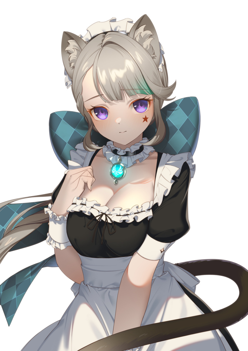 alternate_costume animal_ear_fluff animal_ears apron bow braid breasts cat_ears cat_girl cat_tail choker cleavage collarbone commentary_request enmaided facial_tattoo female forehead frilled_apron frilled_choker frills genshin_impact grey_hair hair_ribbon hairbow highres long_hair looking_at_viewer lynette_(genshin_impact) maid maid_apron maid_headdress meda medium_breasts parted_bangs partial_commentary pendant_choker ponytail purple_eyes ribbon short_sleeves sidelocks simple_background single_braid solo star_tattoo tail tattoo vision_(genshin_impact) white_apron white_background white_choker wristband