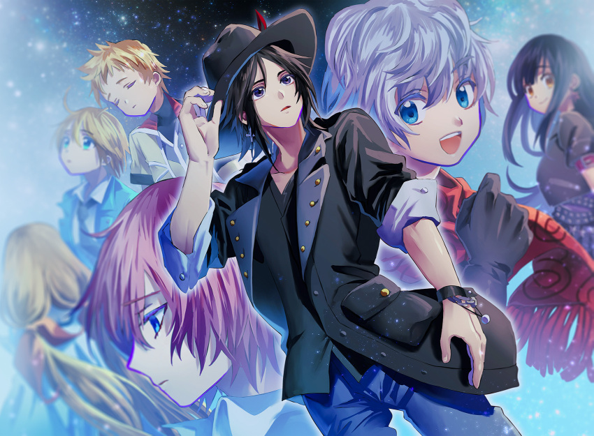 3girls 4boys antenna_hair black_eyes black_gloves black_hair black_headwear black_jacket black_necktie black_shirt blonde_hair blue_eyes blue_jacket blue_pants brain_(kingdom_hearts) brother_and_sister buttons closed_eyes closed_mouth collared_shirt commentary_request cowboy_hat elrena ephemer_(kingdom_hearts) floating_hair from_behind gloves green_eyes hair_ribbon hat highres jacket kingdom_hearts kingdom_hearts_x lauriam long_hair looking_at_viewer looking_away maimai_melc medium_hair multiple_boys multiple_girls necktie open_clothes open_jacket orange_hair pants pink_hair pocket pointy_hair red_ribbon red_scarf ribbon scarf shirt short_hair siblings skuld_(kingdom_hearts) sleeping smile straight_hair strelitzia_(kingdom_hearts) ventus_(kingdom_hearts) very_long_hair white_hair white_jacket white_shirt yellow_eyes