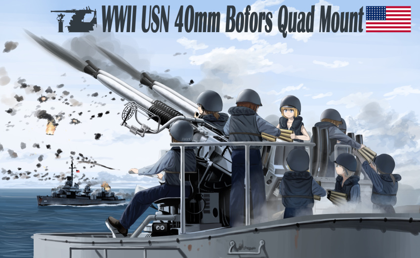 6+girls aircraft airplane american_flag anti-aircraft_gun autocannon blonde_hair blue_eyes blue_pants blue_shirt blue_sky bofors_40_mm_gun brown_hair cannon cloud day destroyer english_text flag flak flak_jacket fletcher_class_destroyer grey_hair helmet highres jacket long_sleeves military military_uniform military_vehicle mo_yu_de_jiaozi multiple_girls original outdoors pants ship shirt short_hair sky smoke uniform united_states_navy warship watercraft world_war_ii