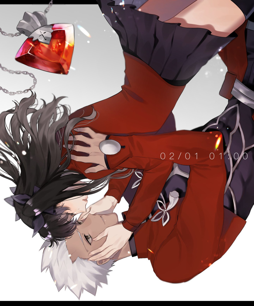 1boy abs archer_(fate) bad_id bad_twitter_id black_hair black_ribbon black_skirt black_thighhighs chains commentary_request dated facing_another fate/stay_night fate_(series) female gem gradient_background grey_background grey_hair hair_ribbon hand_on_another's_cheek hand_on_another's_face highres letterboxed long_hair long_sleeves pleated_skirt red_shirt ribbon shimatori_(sanyyyy) shirt short_hair skirt thighhighs timestamp tohsaka_rin two_side_up upside-down