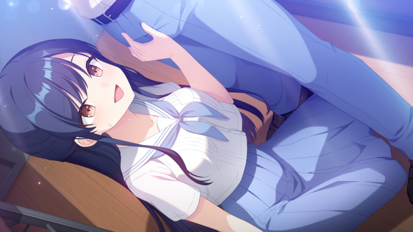 1boy :d belt black_belt black_hair blue_neckerchief blue_pants blue_skirt brown_eyes collarbone collared_shirt dress_shirt dutch_angle female game_cg highres imminent_fellatio indoors koruri long_hair long_skirt neckerchief neko_to_wakai_seyo! open_mouth pants pleated_skirt sailor_collar sailor_shirt school_uniform shirt short_sleeves skirt smile straight sweatdrop tachibana_seika very_long_hair white_sailor_collar white_shirt