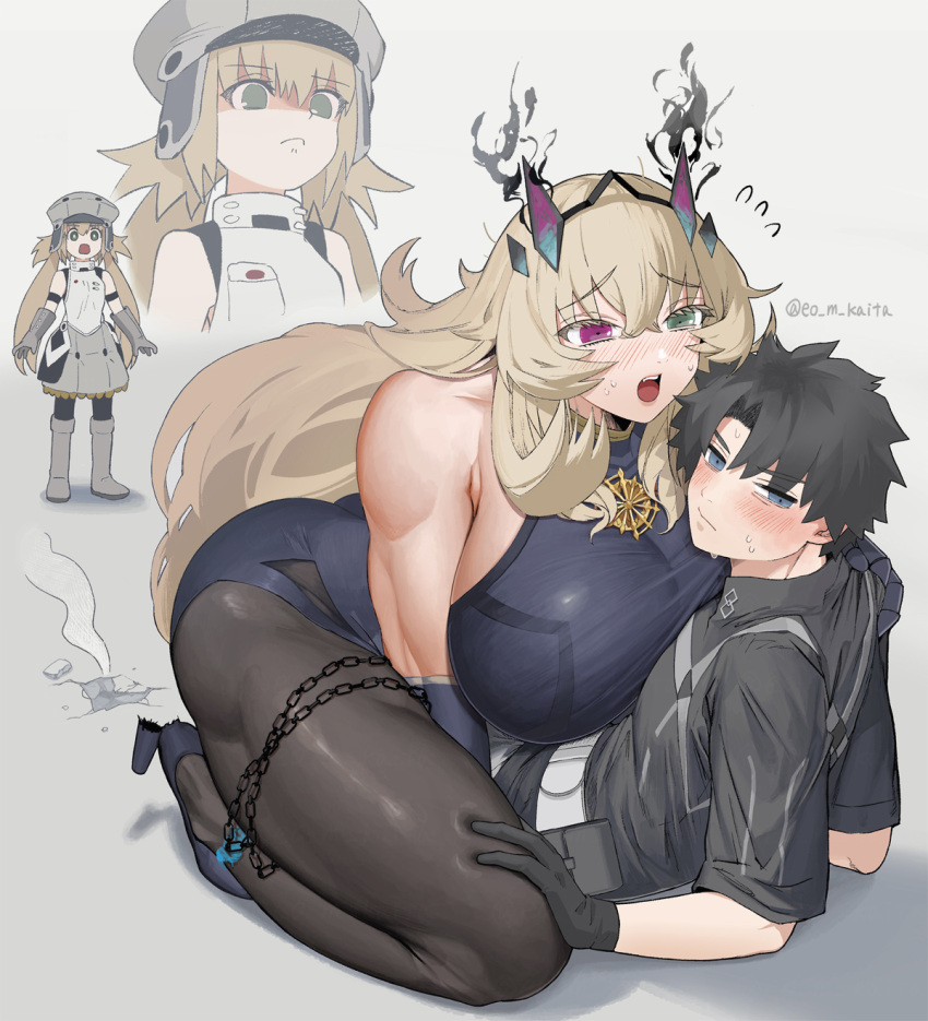 1boy 2girls artoria_caster_(fate) artoria_caster_(first_ascension)_(fate) artoria_pendragon_(fate) bare_shoulders barghest_(fate) barghest_(second_ascension)_(fate) black_dress black_gloves black_hair black_jacket black_pantyhose blonde_hair blush breasts brown_pantyhose commentary dress elbow_gloves fate/grand_order fate_(series) fujimaru_ritsuka_(male) fujimaru_ritsuka_(male)_(polar_chaldea_uniform) gloves green_eyes grey_gloves grey_headwear hat heterochromia highres horns jacket kaita_(mokamilkcup) large_breasts long_hair multiple_girls pantyhose pouch red_eyes shaded_face short_hair short_sleeves sleeveless sleeveless_dress small_breasts thighs twintails white_dress