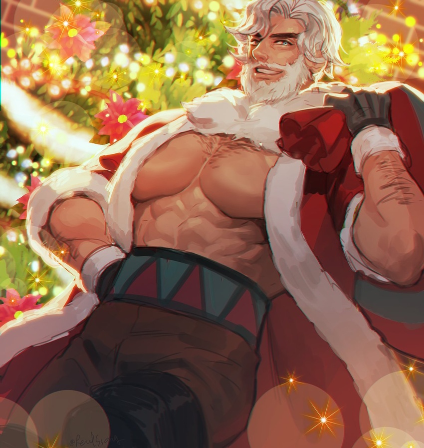 1boy abs arm_hair bara bare_pectorals beard belt black_gloves blue_eyes brown_pants carrying_over_shoulder chest_hair christmas_lights christmas_tree cookie_run eggnog_cookie facial_hair flower fur-trimmed_jacket fur_collar fur_trim gift_bag gloves high-waist_pants highres humanization jacket korean_commentary large_pectorals looking_at_viewer male_focus moustache muscular muscular_male open_clothes open_jacket pants pectorals pine_tree pink_flower red_jacket santa_costume shirt short_hair smile solo ssong-ga teeth tree white_shirt