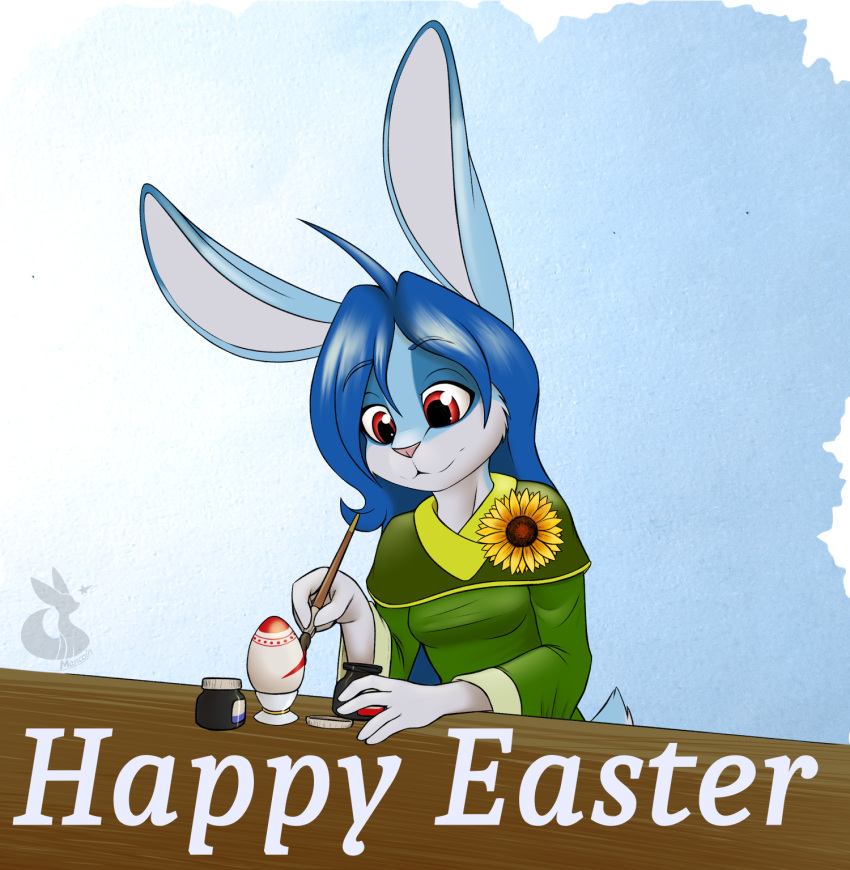 anthro blue_body blue_fur blue_hair breasts clothed clothing digital_media_(artwork) easter easter_egg egg english_text female flower foxyverse fully_clothed fur hair hi_res holidays lagomorph leporid lilly_sallaris long_hair mammal mancoin painting plant rabbit signature simple_background small_breasts smile solo sunflower text white_body white_fur