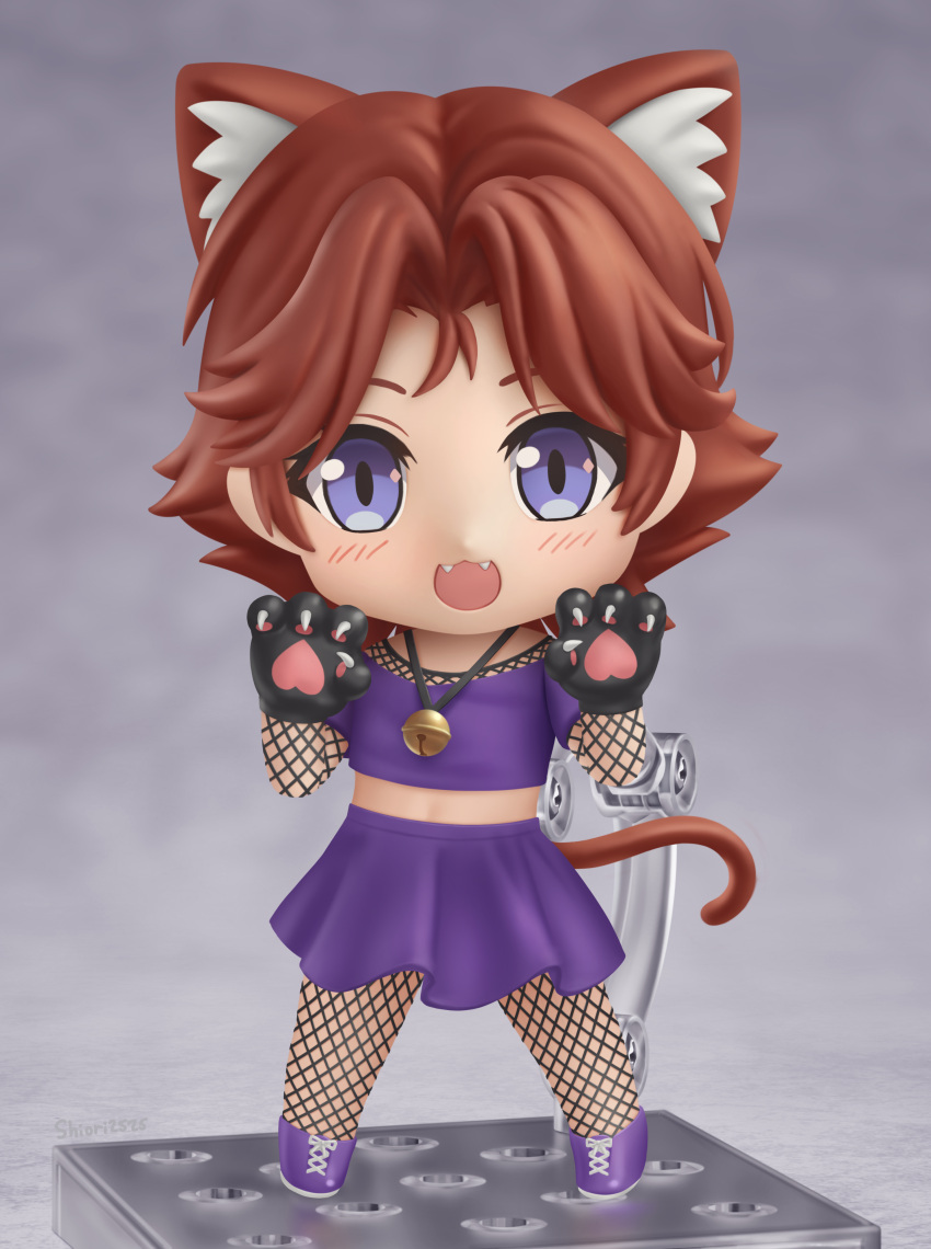 1boy :3 absurdres animal_ears animal_hands artist_name bell blue_eyes blush brown_hair cat_boy cat_ears cat_paws cat_tail catboy_jerma chibi commission commissioner_upload crop_top extra_ears eyebrows_hidden_by_hair fangs faux_figurine fishnet_pantyhose fishnet_top fishnets full_body highres jerma985 jerma985_(person) looking_at_viewer male_focus neck_bell nendoroid open_mouth pantyhose parted_bangs purple_skirt shiori2525 short_hair skirt smile solo tail