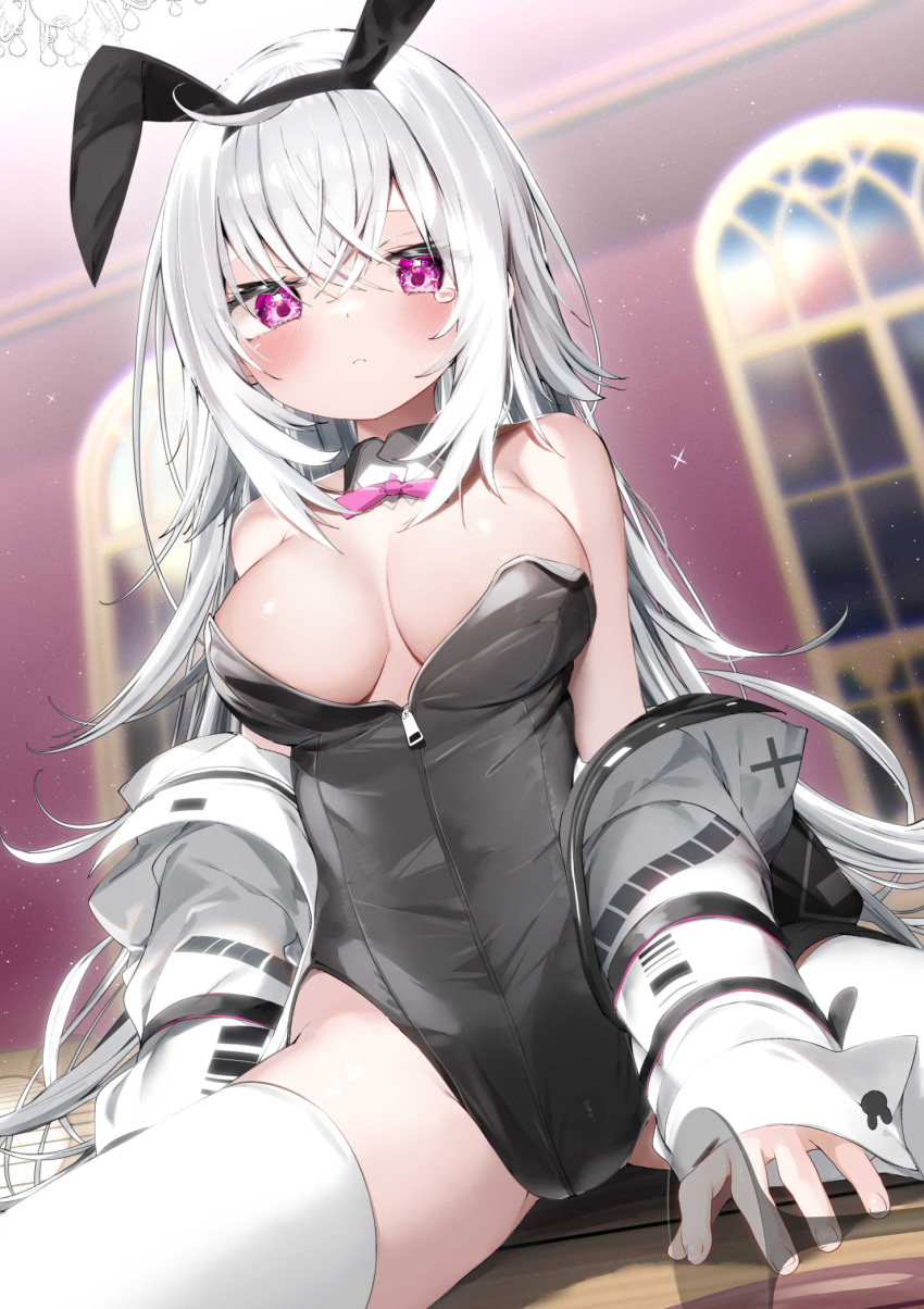 animal_ears black_hairband black_jacket black_leotard blurry blurry_background breasts closed_mouth commentary_request depth_of_field female grey_hair hair_between_eyes hairband highres indoors jacket kamioka_shun'ya large_breasts leotard long_hair long_sleeves looking_at_viewer off_shoulder open_clothes open_jacket original purple_eyes rabbit_ears shiori_(kamioka_shun'ya) sleeves_past_wrists solo spread_legs strapless strapless_leotard tears thighhighs very_long_hair white_thighhighs window